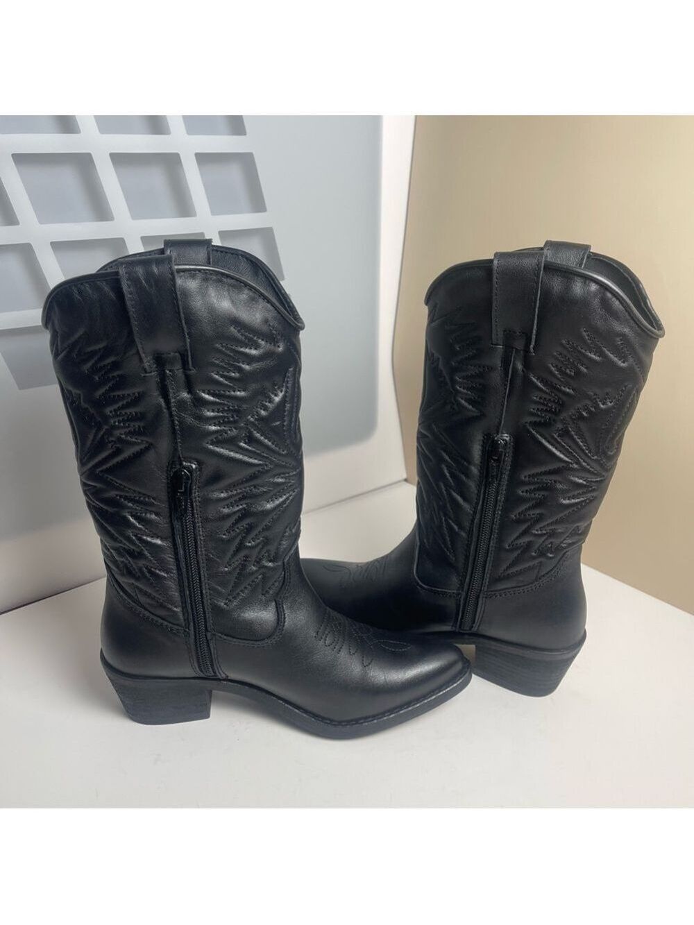 Steve Madden HAYWARD BLACK LEATHER boots Western Cowboy Boots Cowgirl Sz 6.5 - Picture 4 of 12